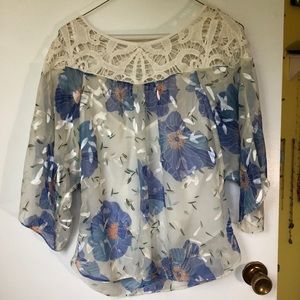 Anthropologie blue flowers shirt with lace top